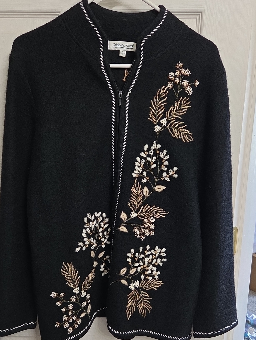 Coldwater Creek Black Zip-Front Cardigan with Gold & Cream Floral Embroidery